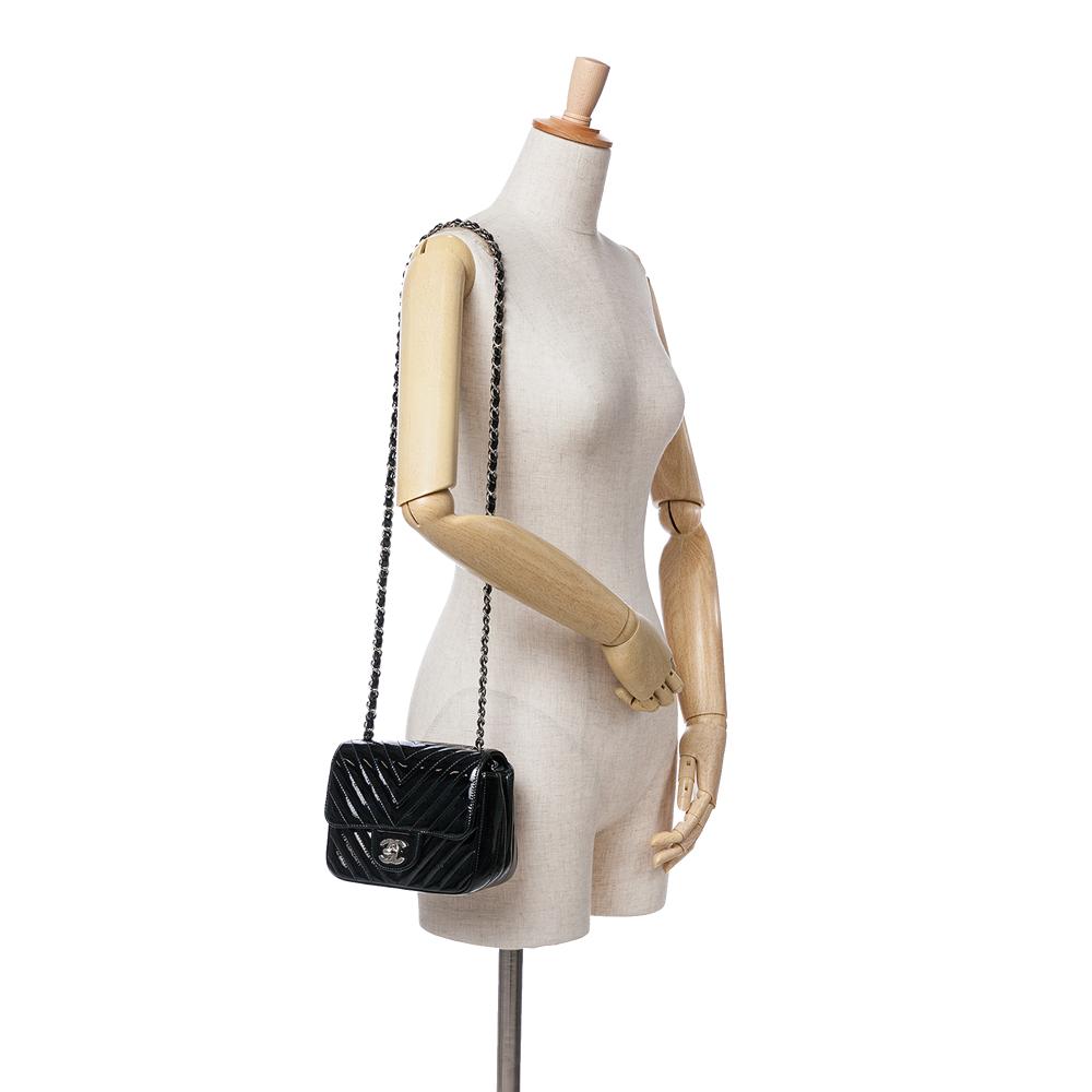 Chanel B Chanel Black Patent Leather Leather Mini Square Classic Chevron Patent Flap Italy