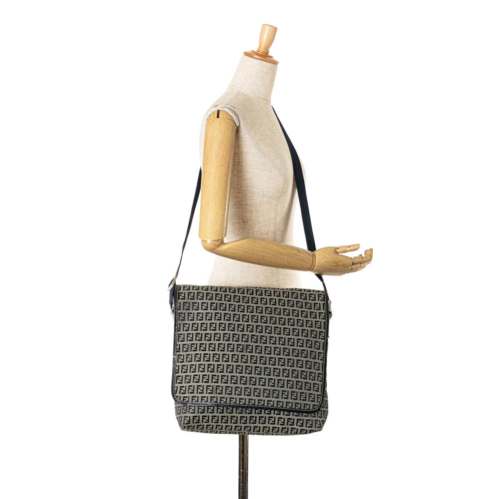 Fendi B Fendi Gray Navy with Blue Navy Canvas Fabric Zucchino Crossbody Italy