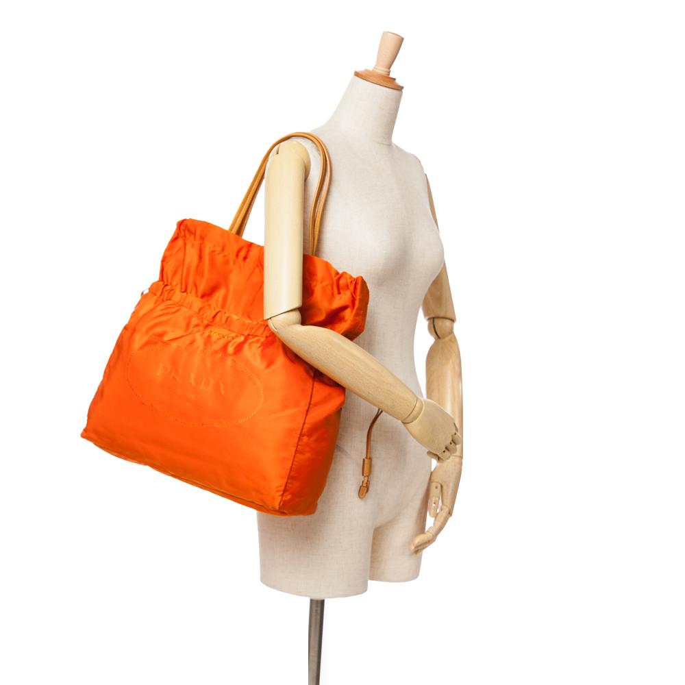 Prada B Prada Orange Nylon Fabric Tessuto Logo Drawstring Tote Italy