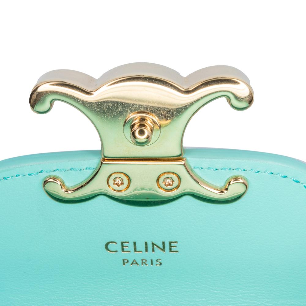 Celine B Celine Blue Turquoise Calf Leather Triomphe AirPods Case with Strap Italy