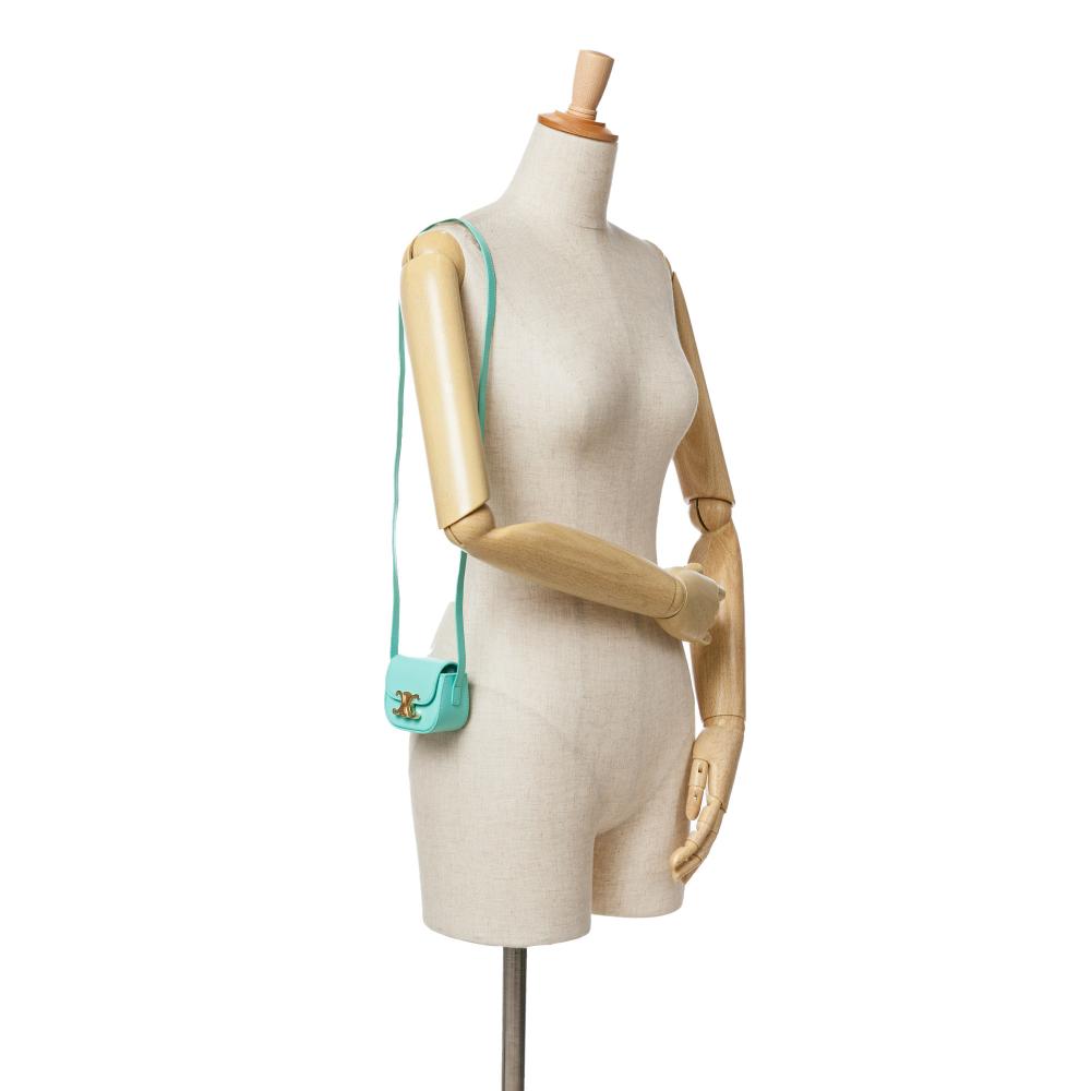 Celine B Celine Blue Turquoise Calf Leather Triomphe AirPods Case with Strap Italy