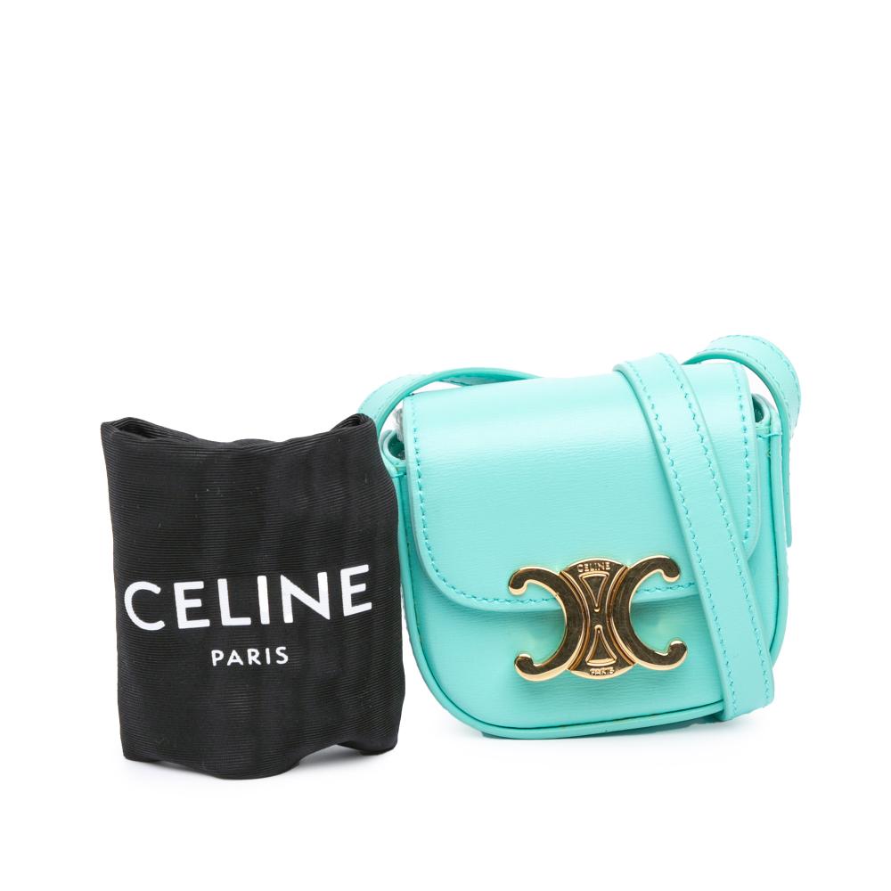 Celine B Celine Blue Turquoise Calf Leather Triomphe AirPods Case with Strap Italy