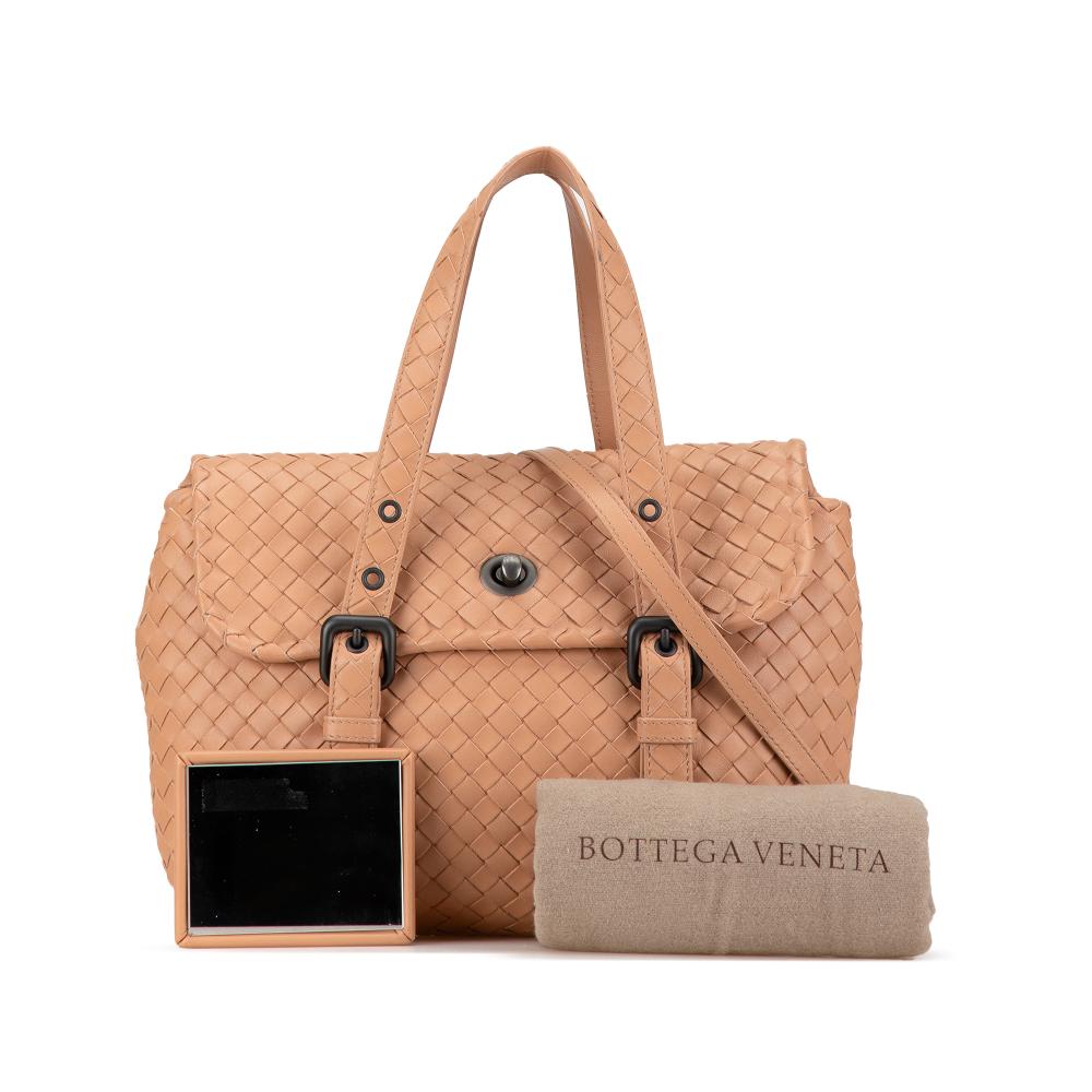 Bottega Veneta B Bottega Veneta Brown Nude Calf Leather Intrecciato Flap Satchel Italy