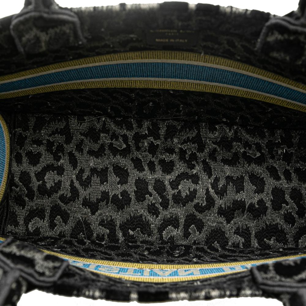 Christian Dior B Dior Black Canvas Fabric Mizza Medium Embroidered Leopard Book Tote Italy