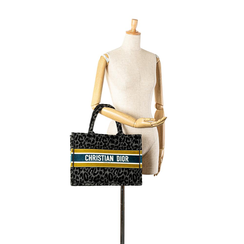 Christian Dior B Dior Black Canvas Fabric Mizza Medium Embroidered Leopard Book Tote Italy