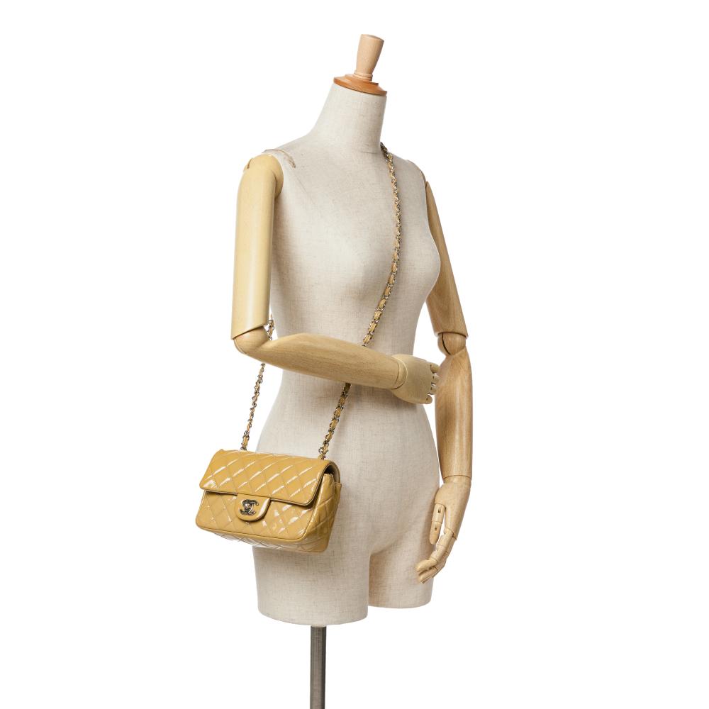 Chanel B Chanel Yellow Mustard Patent Leather Leather Mini Rectangular Classic Patent Single Flap France