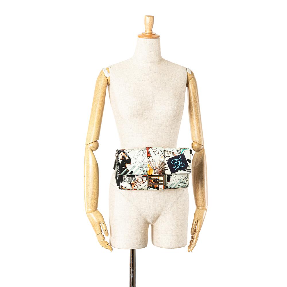 Fendi AB Fendi White with Multi Nylon Fabric Karl Kollage Convertible Belt Baguette Italy