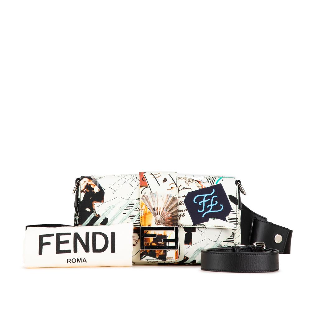 Fendi AB Fendi White with Multi Nylon Fabric Karl Kollage Convertible Belt Baguette Italy