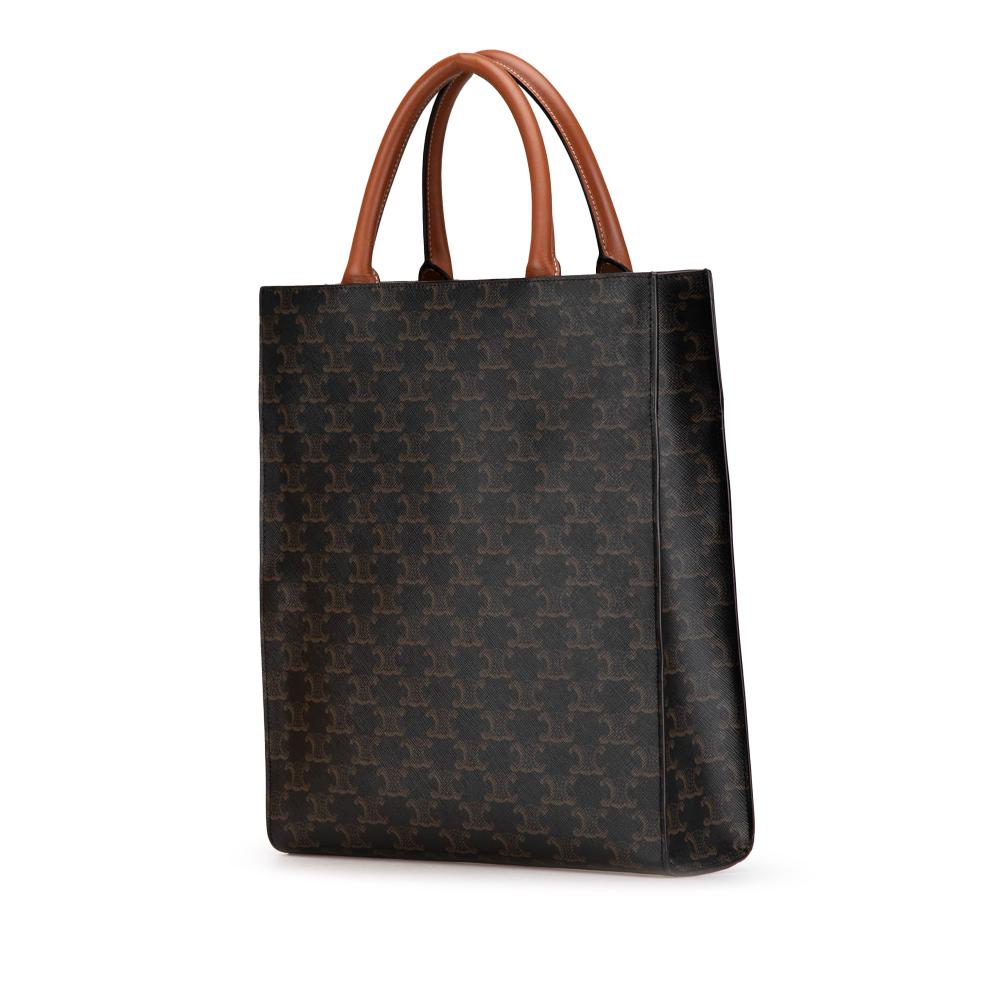 Celine B Celine Brown Dark Brown Coated Canvas Fabric Small Paris Print Triomphe Vertical Cabas Tote Italy