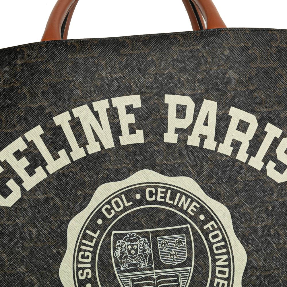 Celine B Celine Brown Dark Brown Coated Canvas Fabric Small Paris Print Triomphe Vertical Cabas Tote Italy
