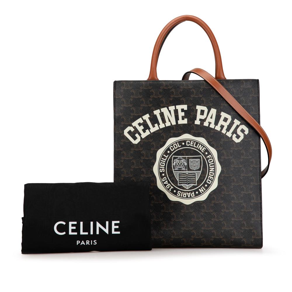 Celine B Celine Brown Dark Brown Coated Canvas Fabric Small Paris Print Triomphe Vertical Cabas Tote Italy