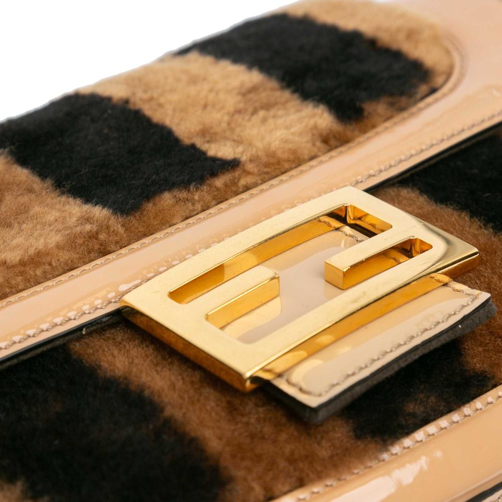 Fendi B Fendi Brown Beige Fur Natural Material Shearling Pequin Baguette Satchel Italy