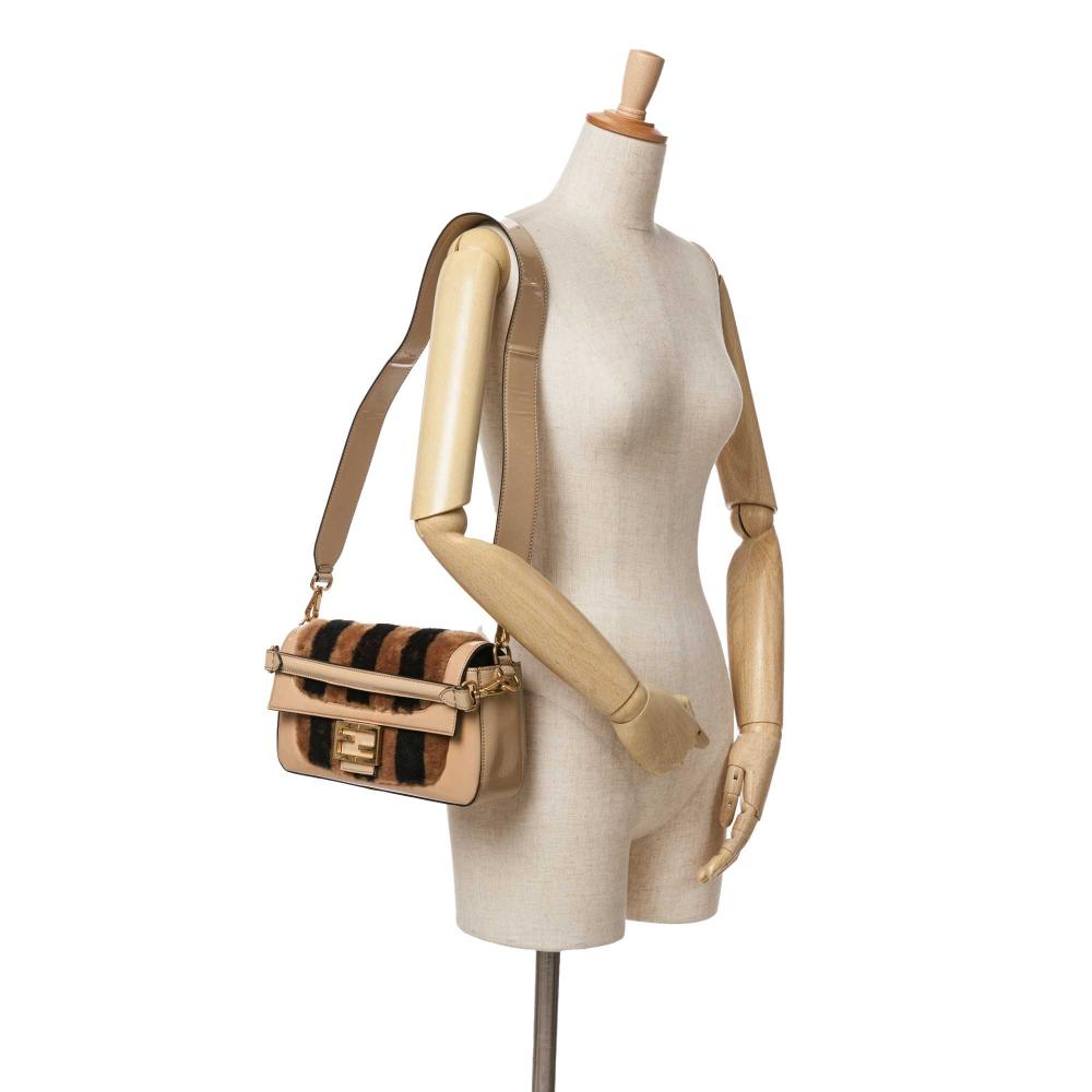 Fendi B Fendi Brown Beige Fur Natural Material Shearling Pequin Baguette Satchel Italy