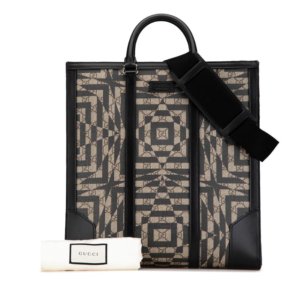 Gucci AB Gucci Brown Beige Coated Canvas Fabric GG Supreme Caleido Vertical Tote Italy