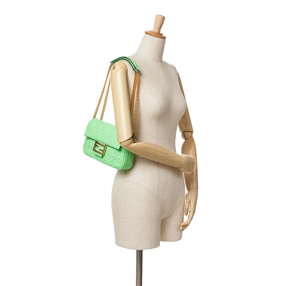 Fendi B Fendi Green Light Green Calf Leather Zucca Embossed Chain Midi Baguette Italy