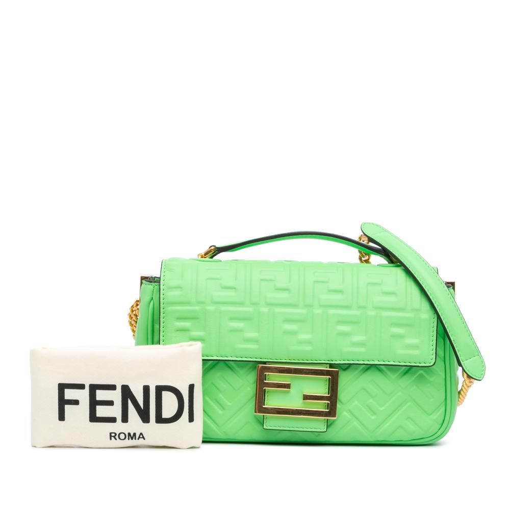 Fendi B Fendi Green Light Green Calf Leather Zucca Embossed Chain Midi Baguette Italy