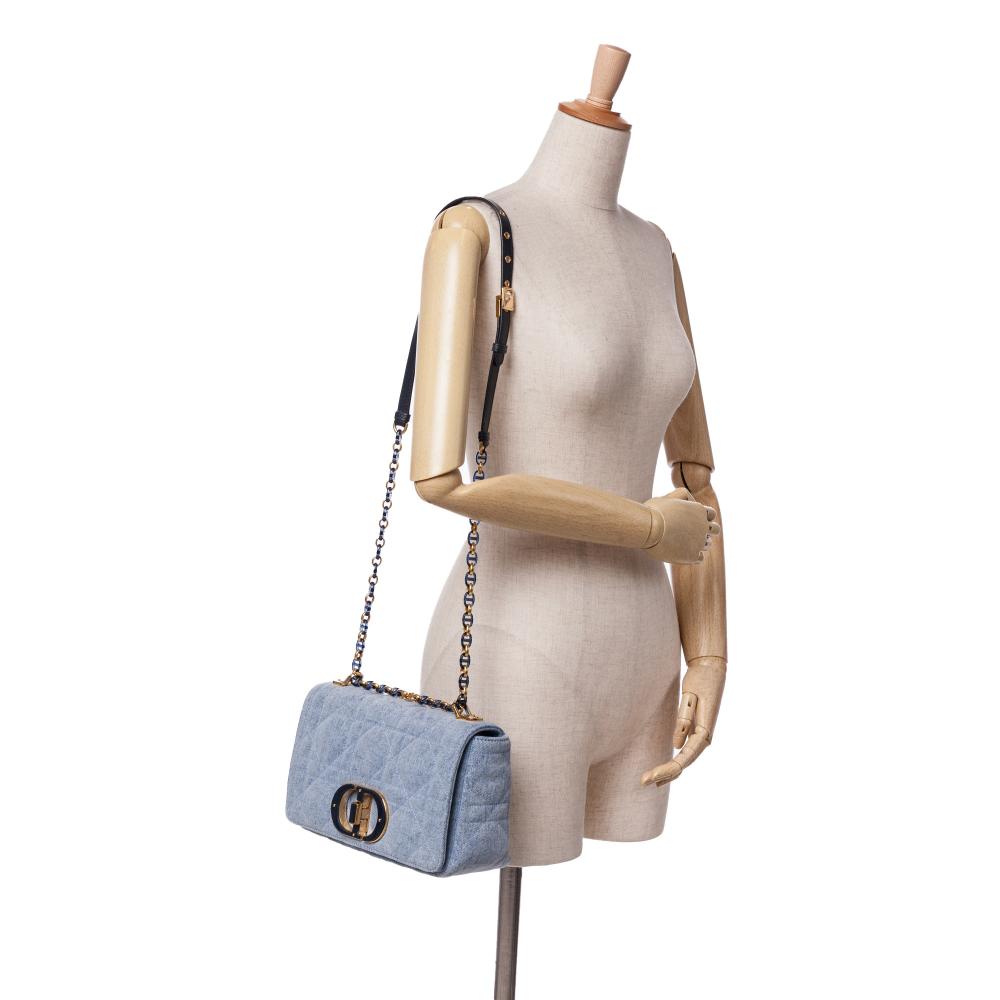 Christian Dior B Dior Blue Denim Denim Fabric Medium Macrocannage Caro Bag Italy