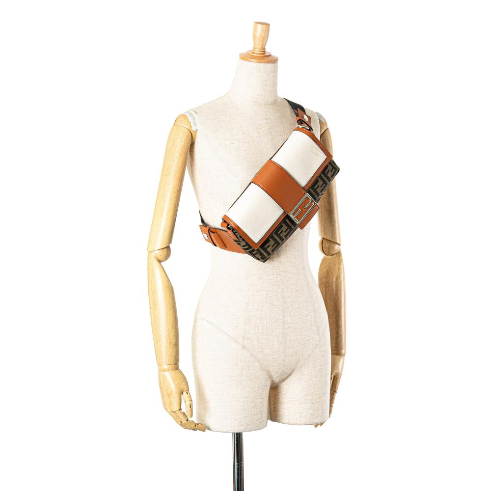 Fendi AB Fendi Brown Canvas Fabric Zucca and Leather Convertible Baguette Italy