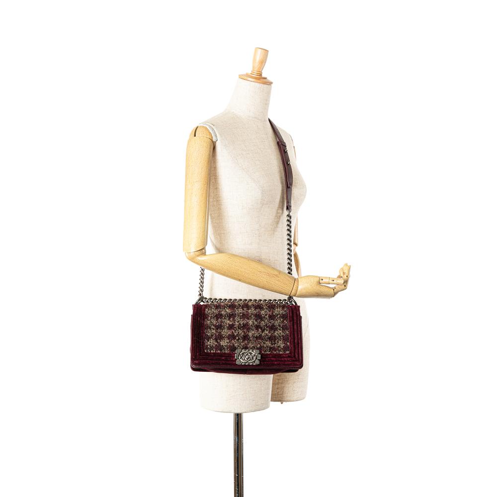 Chanel B Chanel Red Burgundy Velvet Fabric Old Medium and Tweed Boy Flap Italy
