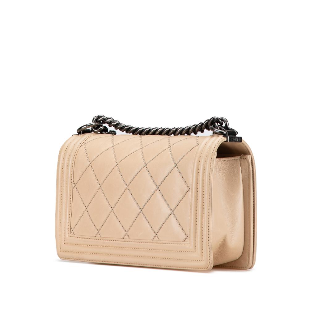 Chanel B Chanel Brown Beige Calf Leather Old Medium Aged skin Double Stitch Boy Flap Italy