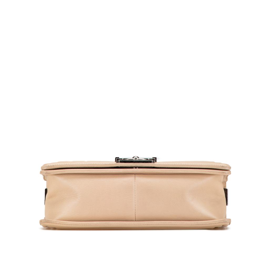 Chanel B Chanel Brown Beige Calf Leather Old Medium Aged skin Double Stitch Boy Flap Italy