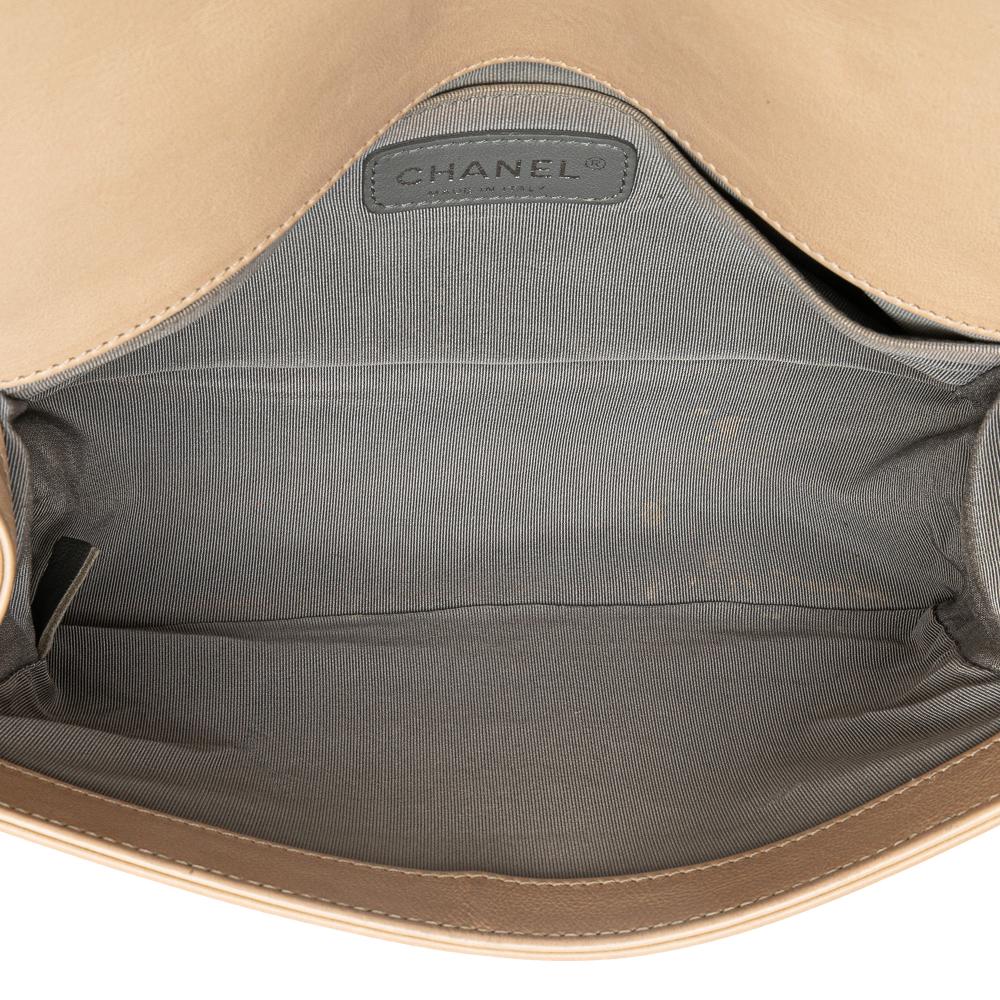 Chanel B Chanel Brown Beige Calf Leather Old Medium Aged skin Double Stitch Boy Flap Italy