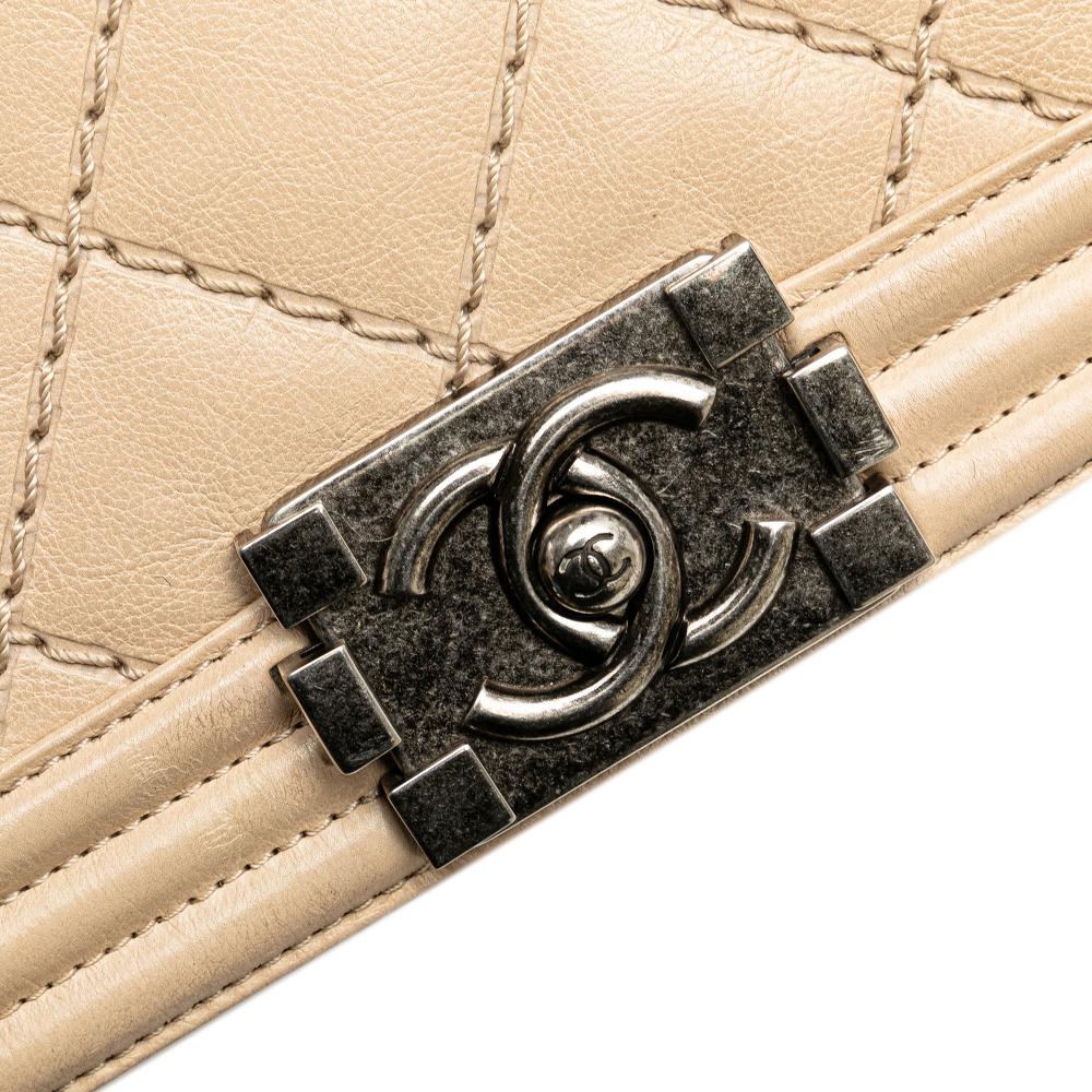 Chanel B Chanel Brown Beige Calf Leather Old Medium Aged skin Double Stitch Boy Flap Italy