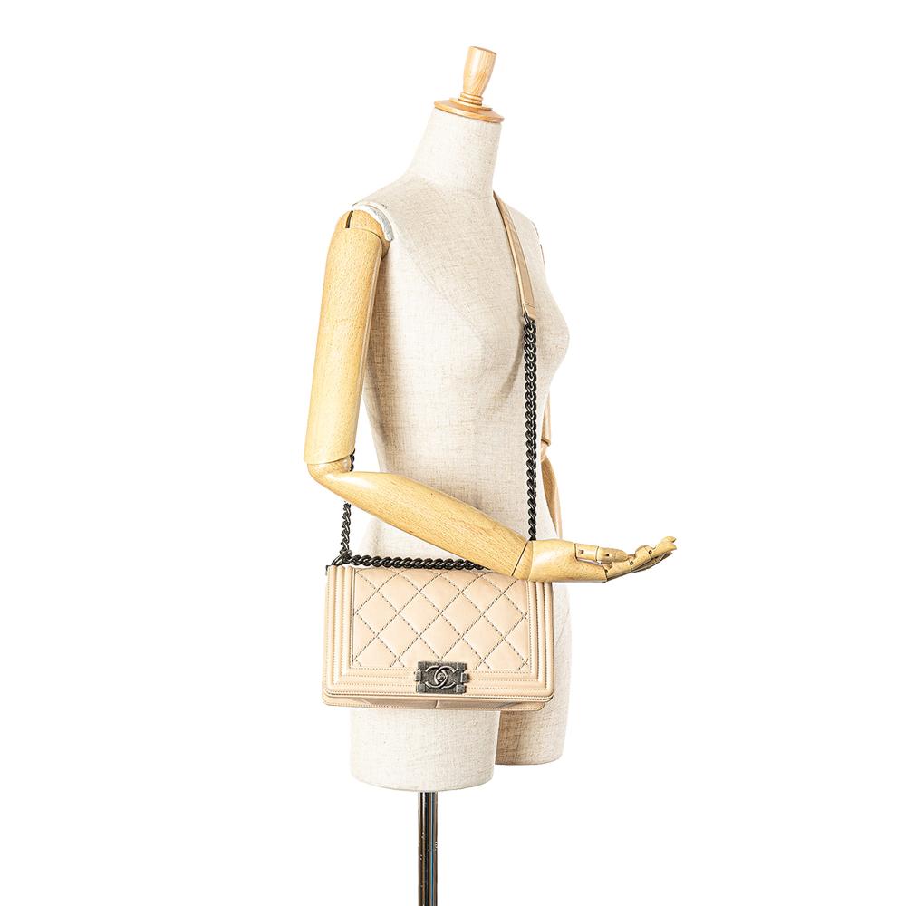 Chanel B Chanel Brown Beige Calf Leather Old Medium Aged skin Double Stitch Boy Flap Italy