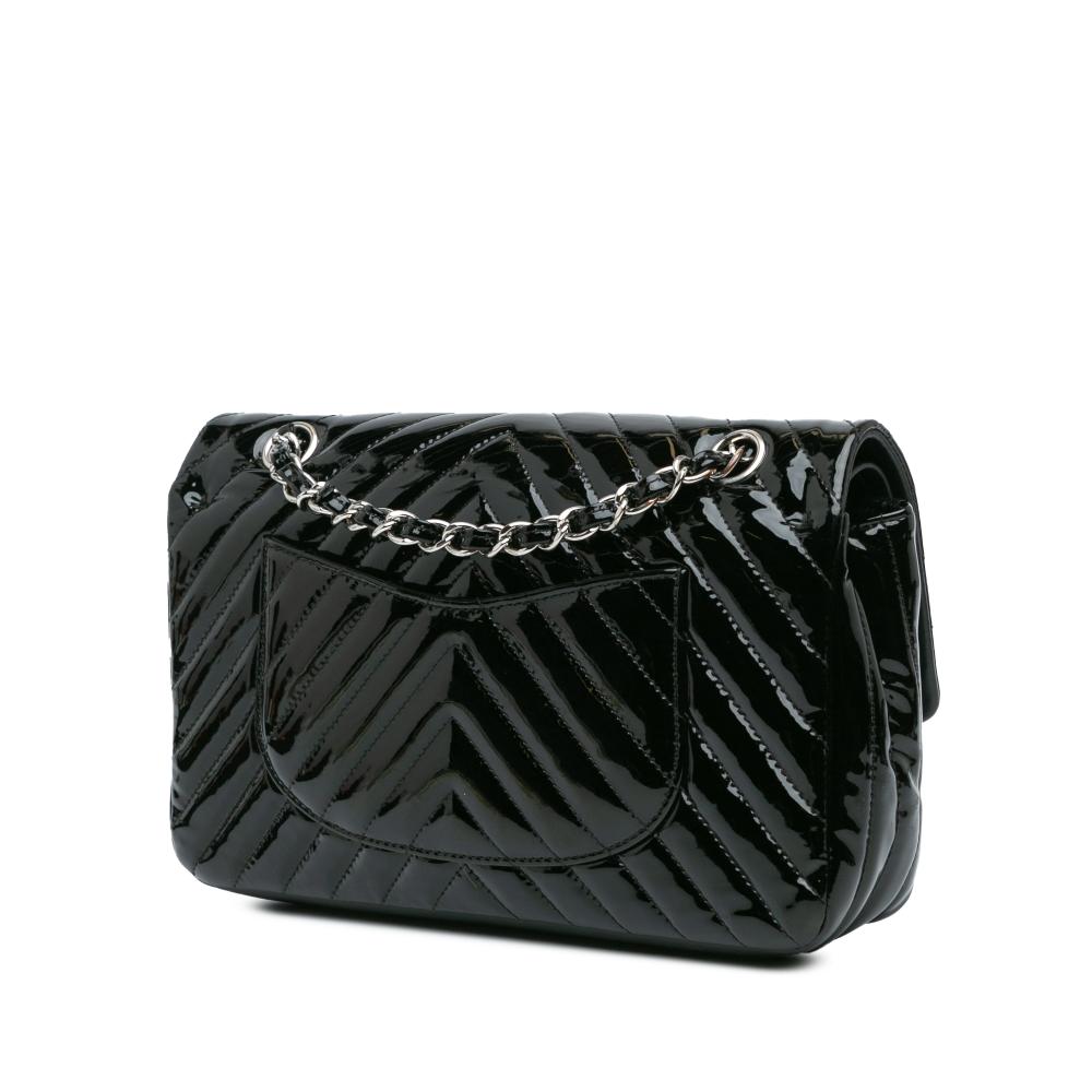 Chanel B Chanel Black Patent Leather Leather Medium Classic Chevron Patent Double Flap France