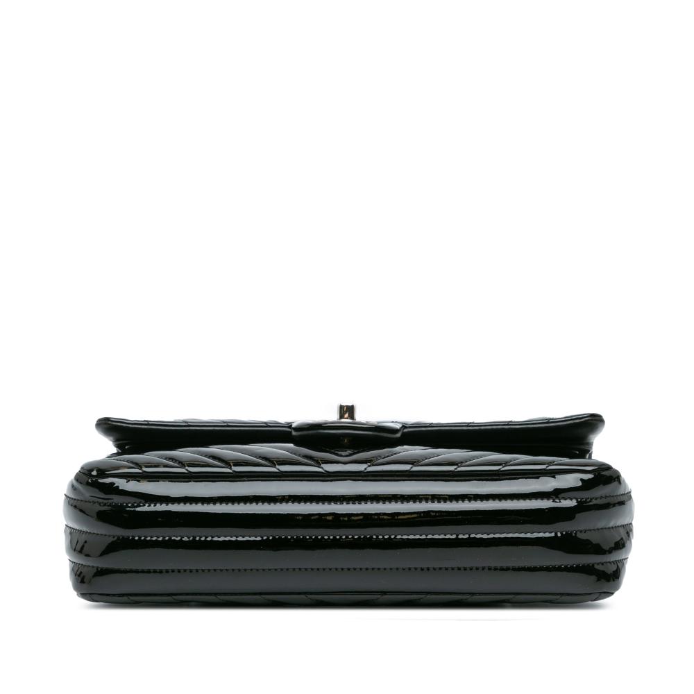 Chanel B Chanel Black Patent Leather Leather Medium Classic Chevron Patent Double Flap France