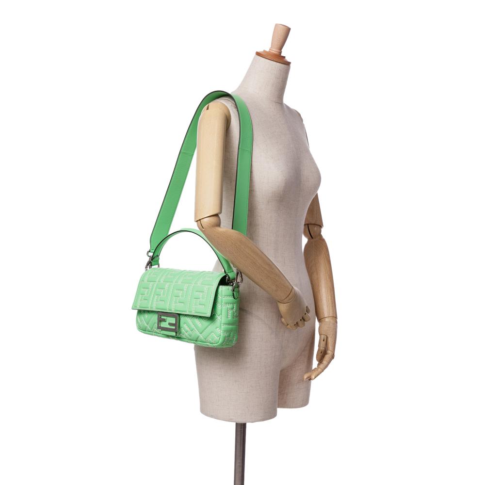 Fendi B Fendi Green Light Green Calf Leather Zucca Embossed Stitched Baguette Satchel Italy