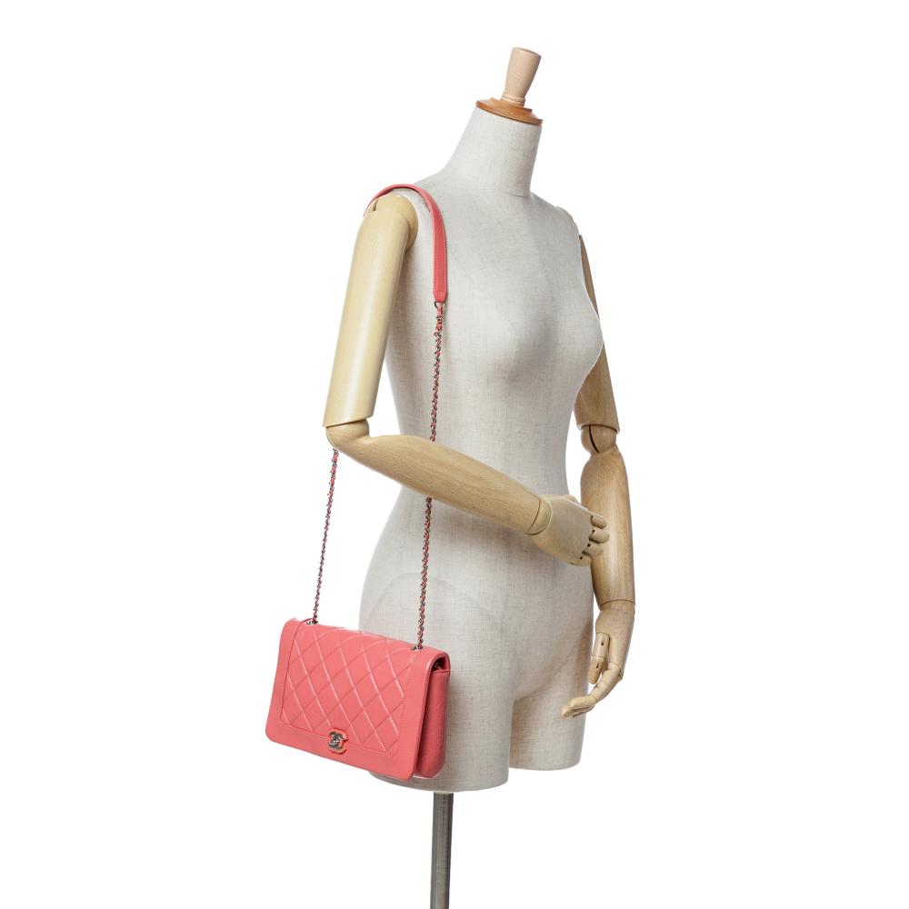 Chanel B Chanel Pink Salmon Calf Leather Crumpled skin Bi Quilted Vintage Full Flap France