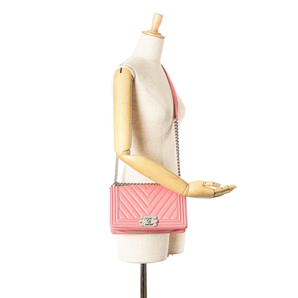 Chanel AB Chanel Pink Lambskin Leather Leather Old Medium Chevron Lambskin Boy Flap Italy