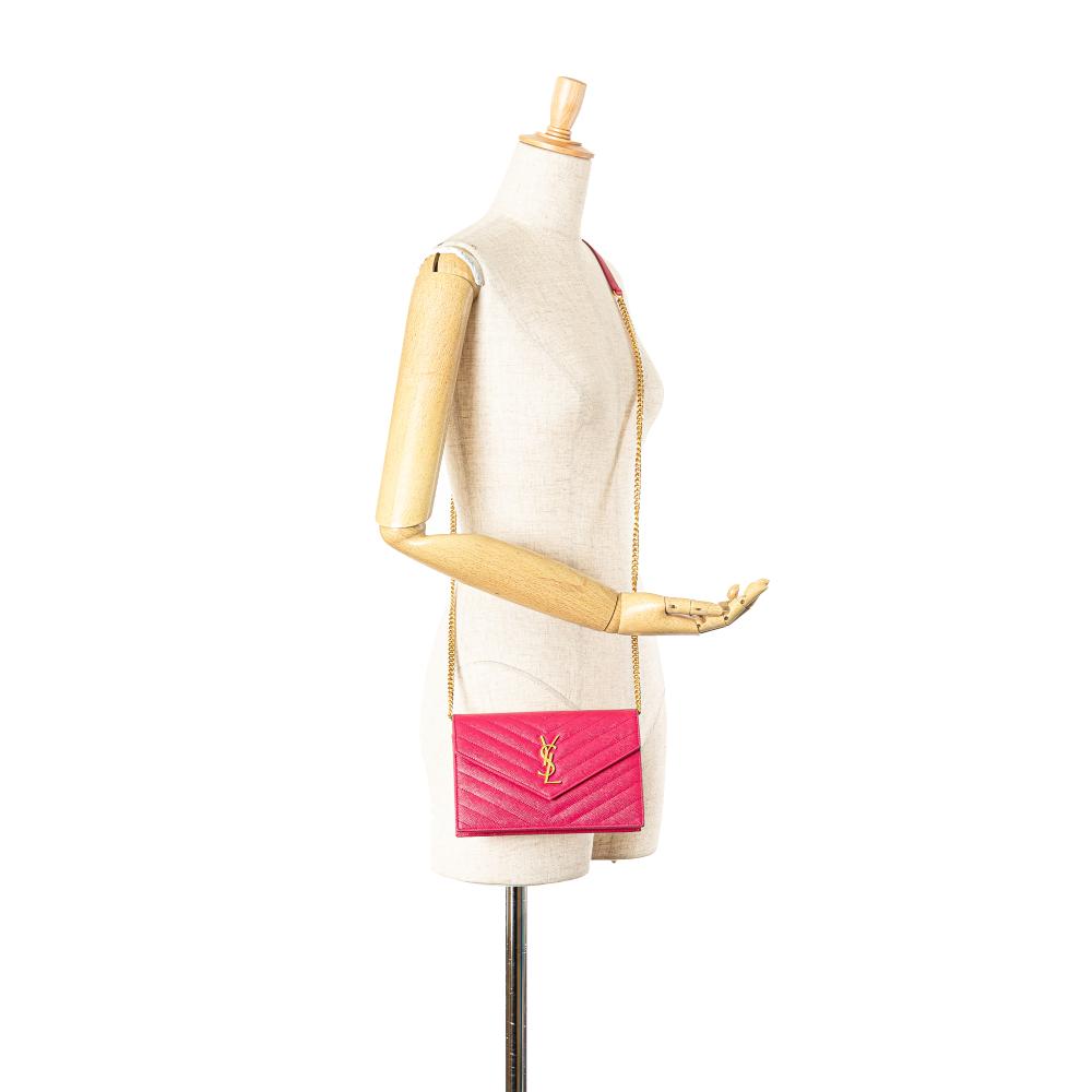 Saint Laurent B Saint Laurent Pink Hot Pink Calf Leather Grain De Poudre Cassandre Envelope Chain Wallet Italy