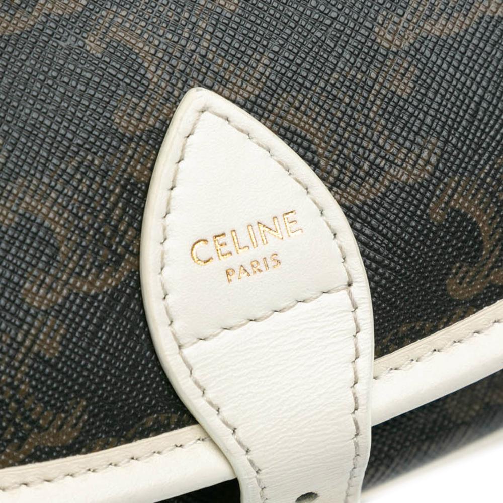Celine B Celine Brown Dark Brown with White Coated Canvas Fabric Medium Triomphe Folco Crossbody Italy