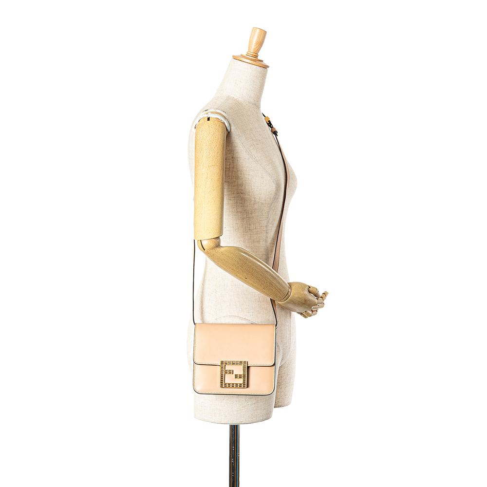 Fendi AB Fendi Brown Beige Calf Leather Crystal Fab Crossbody Italy