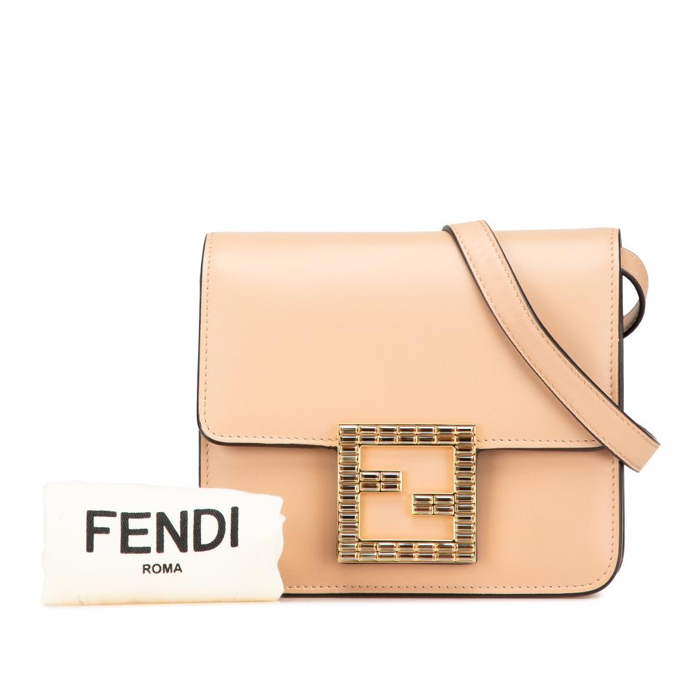 Fendi AB Fendi Brown Beige Calf Leather Crystal Fab Crossbody Italy