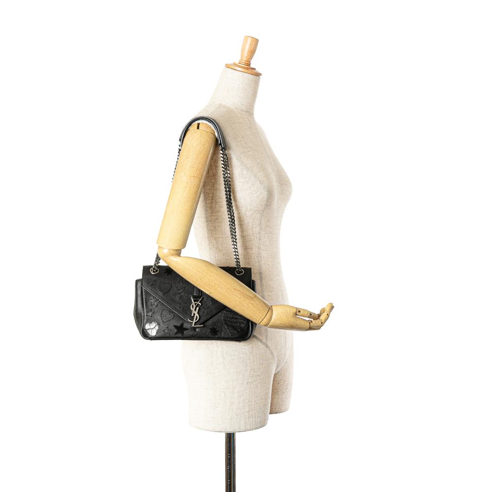 Saint Laurent B Saint Laurent Black Calf Leather Medium Monogram Heart Patchwork Chain Wallet Italy