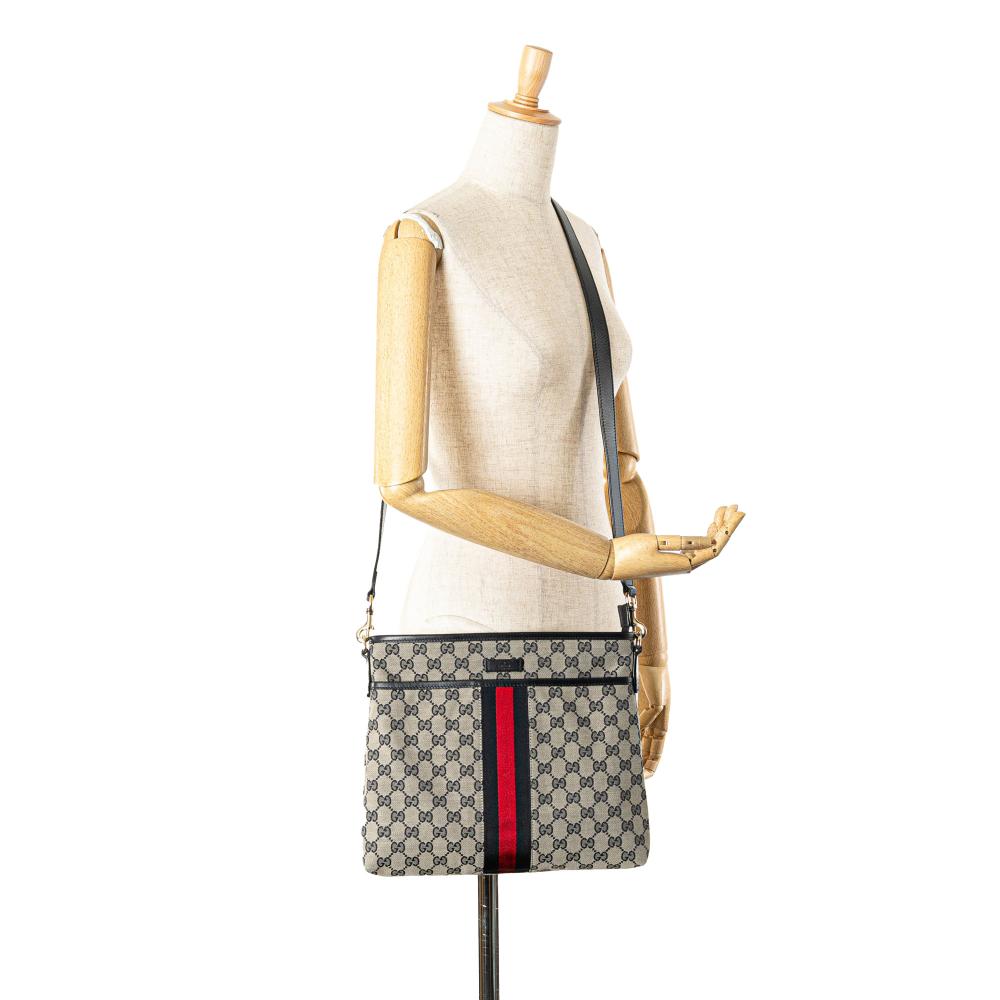 Gucci B Gucci Gray Canvas Fabric GG Web Crossbody Italy