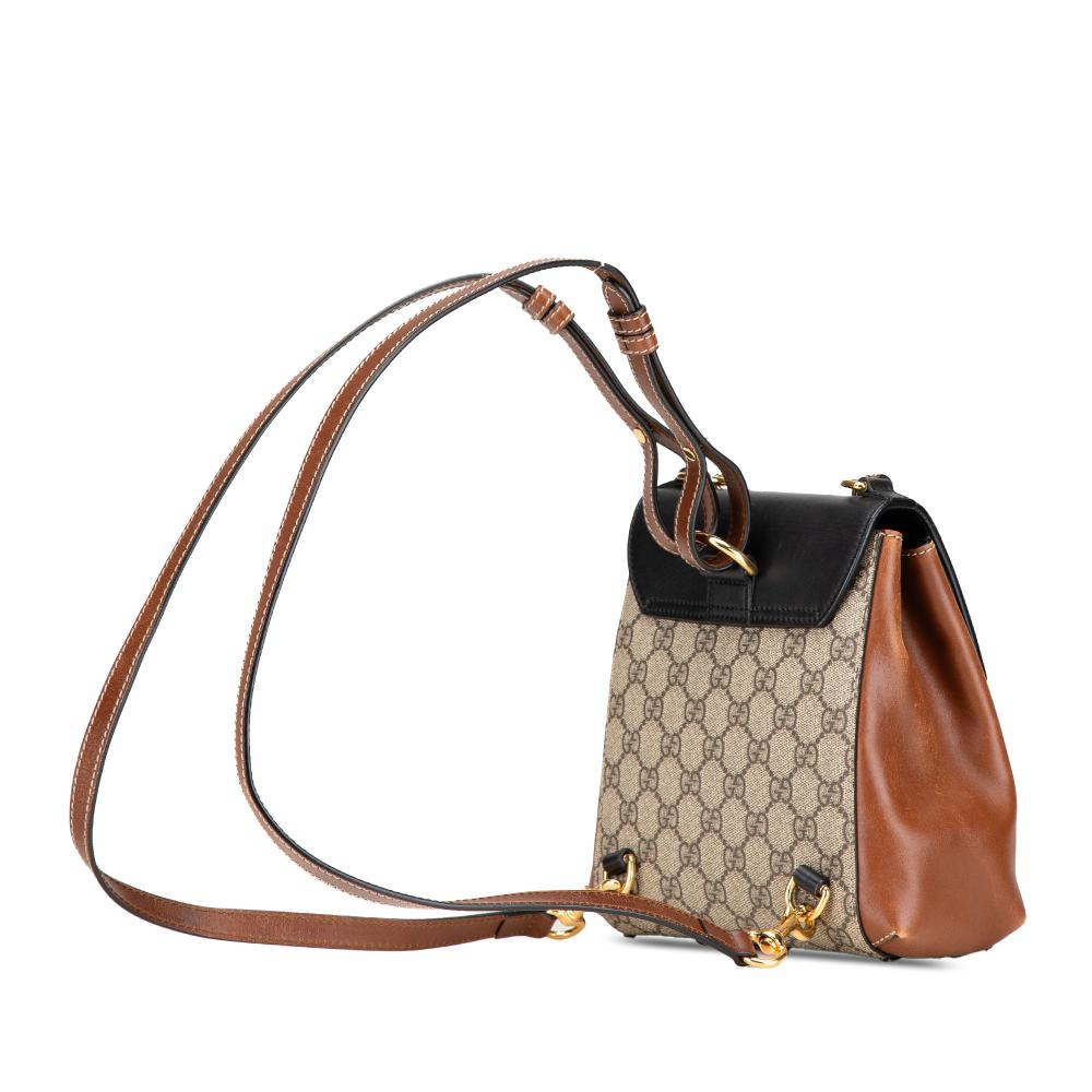 Gucci B Gucci Brown Beige with Black Coated Canvas Fabric GG Supreme Padlock Backpack Italy