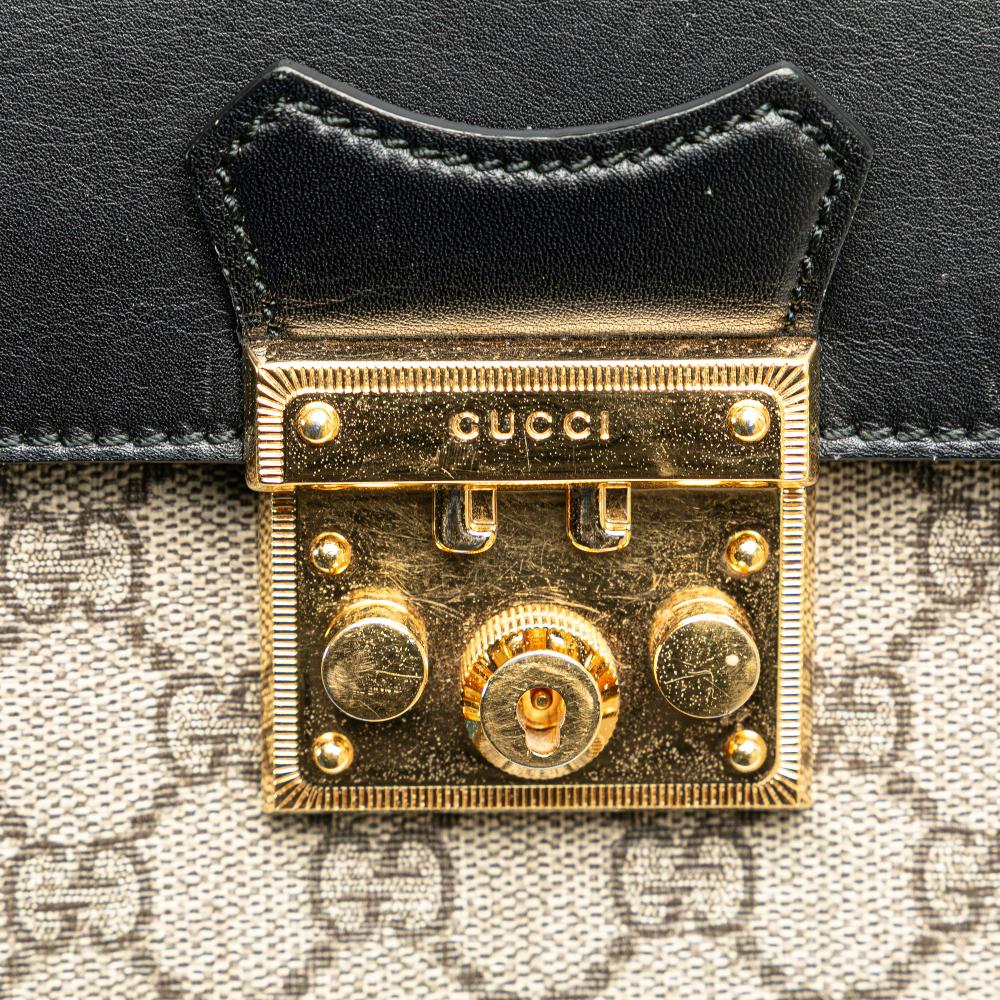 Gucci B Gucci Brown Beige with Black Coated Canvas Fabric GG Supreme Padlock Backpack Italy