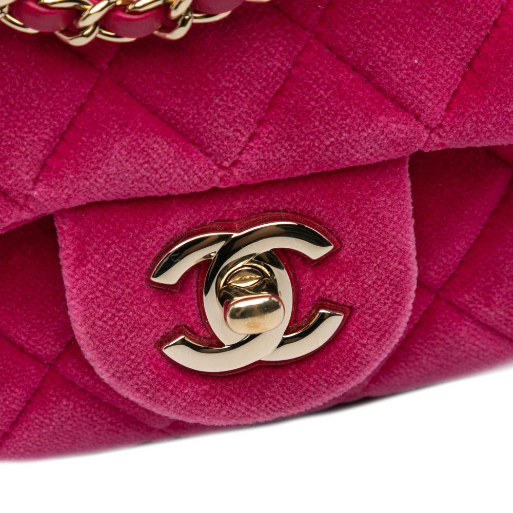 Chanel Pink Mini Square Classic Velvet Pearl Crush Single Flap Italy
