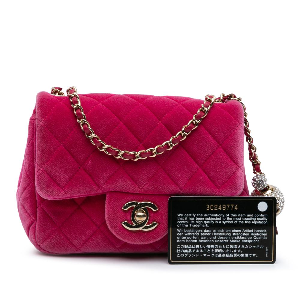 Chanel Pink Mini Square Classic Velvet Pearl Crush Single Flap Italy