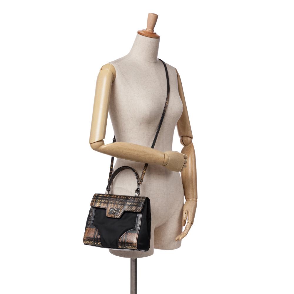 Prada B Prada Black Nylon Fabric Tartan Saffiano Trimmed Tessuto Satchel Italy