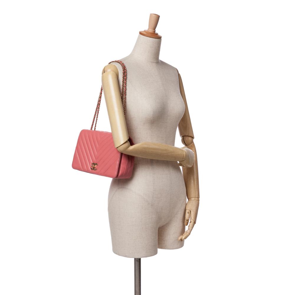 Chanel B Chanel Pink Lambskin Leather Leather Medium Chevron Lambskin Statement Flap France