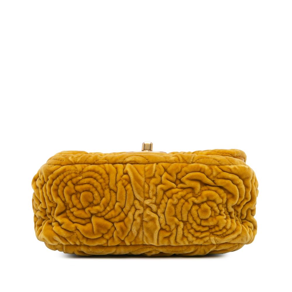 Chanel B Chanel Yellow Mustard Velvet Fabric Mini Square Camellia Embossed Flap Italy