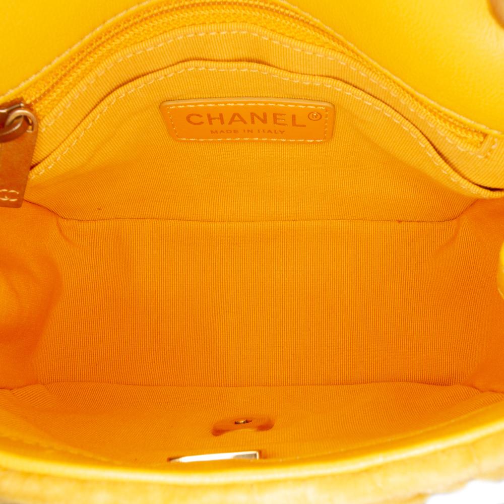 Chanel B Chanel Yellow Mustard Velvet Fabric Mini Square Camellia Embossed Flap Italy