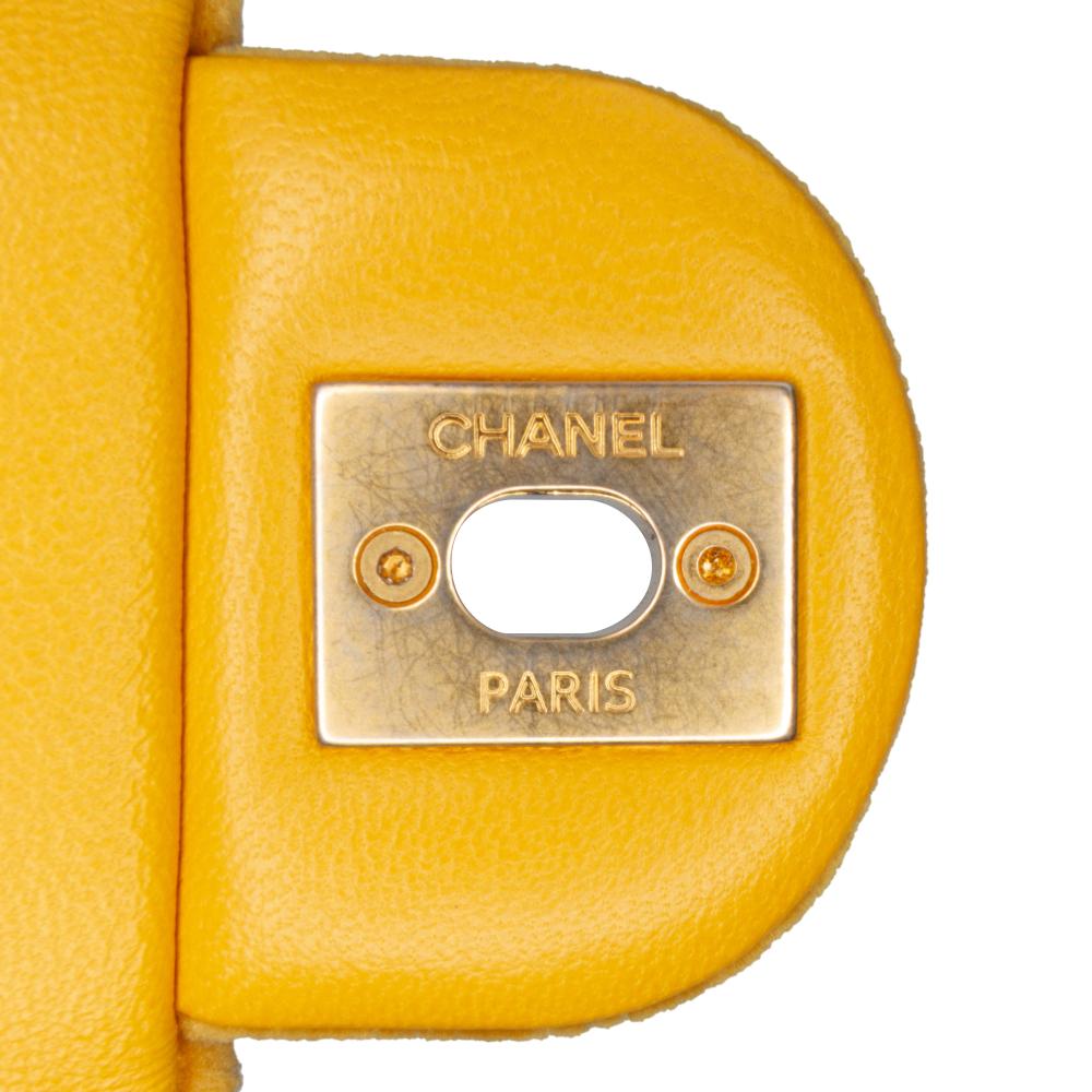 Chanel B Chanel Yellow Mustard Velvet Fabric Mini Square Camellia Embossed Flap Italy