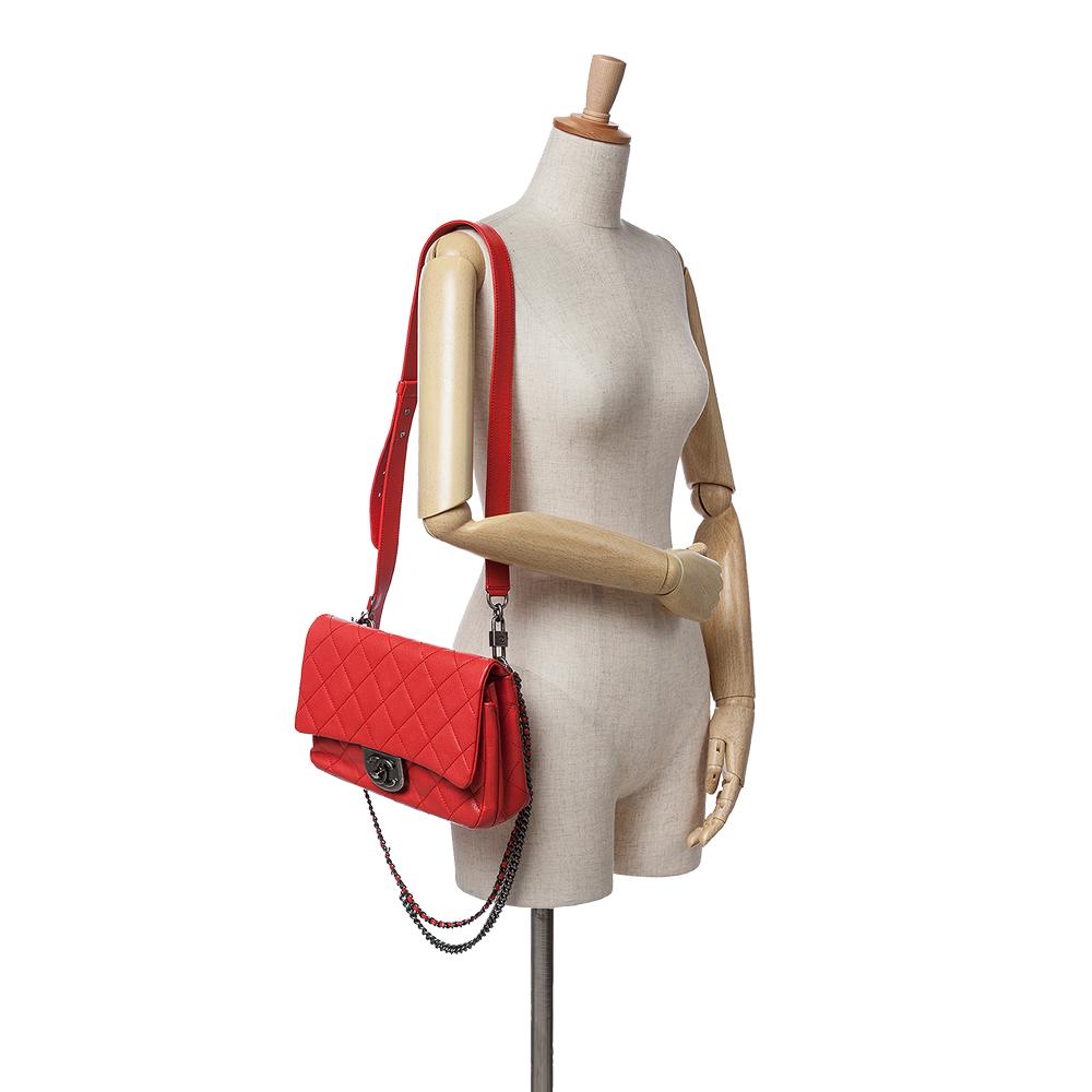 Chanel B Chanel Red Goatskin Leather Small Quilted Double Carry Waist Chain Flap Italy