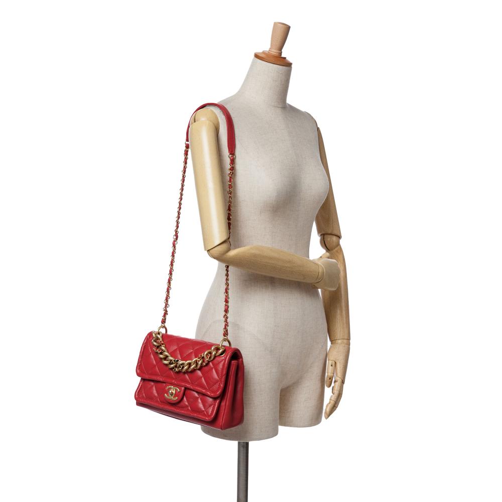 Chanel B Chanel Red Lambskin Leather Leather Small Quilted Lambskin Chain Link Flap Italy